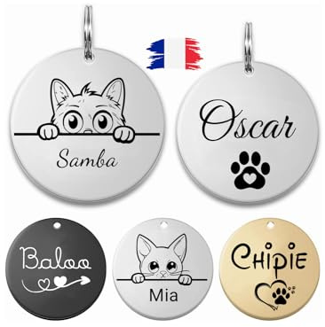 GEMOLIA Médaille personnalisée pour chien et chat - Gravure Laser En France - Étiquettes d'identification Personnalisées pour Chiens en acier inoxydable, Taille: S-M-L, Argent,Or,Or rose, Noir