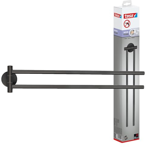tesa Moon Graphite Handtuchhalter 2-armig in gebürstetem Grafit - Selbstklebende Handtuchstange aus PVD-beschichtetem Metall - ohne Bohren, inkl. Klebelösung - 50mm x 84mm x 456mm