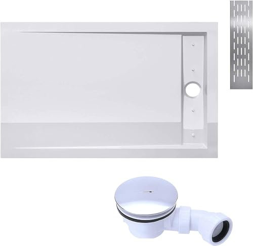 doporro Duschtasse Duschwanne 90x100x5cm flach aus Acryl in Weiß Rechteckig inkl. Ablaufgarnitur AL02 DIN-Anschlüsse für bodenebene Montage geeignet Xetro04W