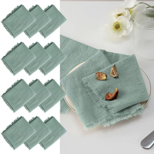 LALAGO 12pcs Servilletas de Tela 45x45cm, Lino Servilleta de Tela con Flecos, Servilletas de Lino y Algodón Lavable y Reutilizable Suave para Bodas, Hoteles, Restaurantes, Eventos y Fiestas Verde