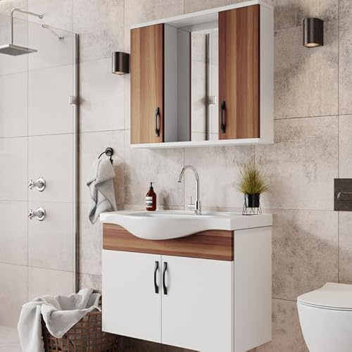 KAREN banyo Badezimmermöbel Set Mercan 65 | Keramikwaschbecken | Unterschrank | Spiegelschrank | Bügelgriffe | Weiß mit Weidenholzfurnier | Natürlicher Stil | Badmöbel Waschtischunterschrank