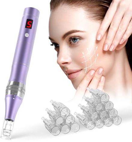 QUELLE Dermapen Profesional,Eléctrico Dermapen Facial con pantalla LCD y 5 Niveles de Velocidad incluye 16 Cartuchos de Repuesto,0-2.0mm Ajustable Microneedling Pen Para el Cuidado de la Piel