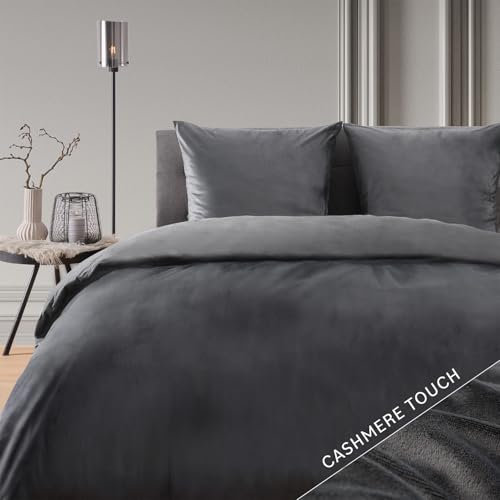 Blumtal Ropa de Cama 135x200 cm Cashmere-Touch Felpa - Ropa de Cama Oeko-Tex 135x200 Invierno + Funda de Almohada 80x80 - Ropa de Cama de Franela 135x200 - Antracita