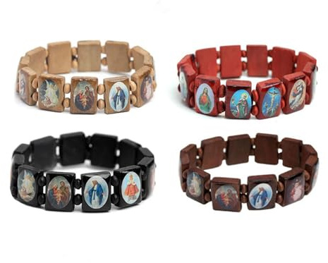 MSINMINW 4pcs Wooden Jesus Bracelet, Stretchable Wooden Small Panel Rosary Bracelet, with Images of Religious Saints Gift for Men & Women (A)