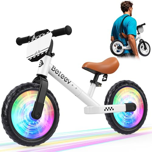 BELEEV Kids Balance Bike for 2-5 Year Old, 12 inch Toddler Balance Bike with Light-Up Wheels, Carry Strap, Adjustable Handlebar & Seat, Carbon Steel Frame, Customize Plate, Ride-on Toy(Off-White)