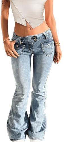 Jeans svasati a vita bassa da donna larghi Y2K elasticizzati con fondo a campana pantaloni in denim anni '90 jeans lavati vintage con tasche, Azzurro chiaro, S