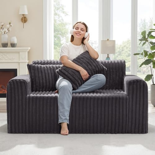Hobestluk Couch Sofa 2-Seater Foam Sofa Loveseat for Small Spaces Comfy Sofas with Removable Cover Furry Couch with Pillows for Living Room, Bedroom, Apartment, Office (Dark Grey, Loveseat)