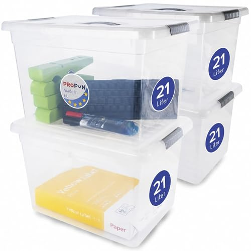 PROFUN Förvaringslåda med lock 21 l – stor plastlåda med lock – stapelbara lådor – lådor & förvaringslådor förvaring med lock, set om 4