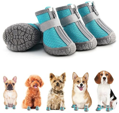 Dog Boots Paw Protector, Breathable Dog Boots for Injured Paws Waterproof with Reflective Straps for Dog, Adjustable Washable Non-Slip Outdoor Dog Shoes for Walking Summer Winter, Blue (4pcs)
