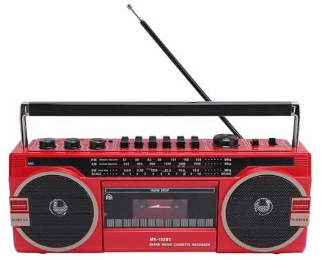 PUSOKEI Retro Cassette Player Boombox, Cassette Player AM/FM/SW Radio, USB MP3-konvertering, Inbyggda Stereohögtalare, för Hemresor (red)