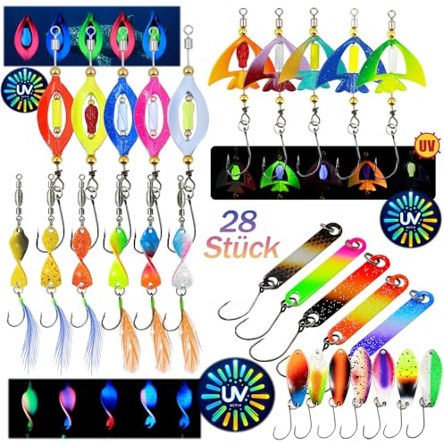 Cucchiaini Pesca Spoon Trota | Set Cucchiaini da Pesca per Trota da 2g,3g,3,5g,4g | Set Esche UV-Attive per Tutte le Condizioni Meteorologiche e Acquatiche | Scatola per Esche da Trota | Regalo per Pe