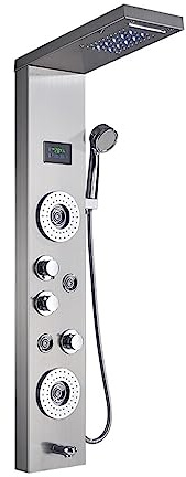 Nylyxigt svart/borstat badrum duschkran， LED duschpanel ， Kolumn badkarsblandare med handdusch temperaturskärm(Black D)