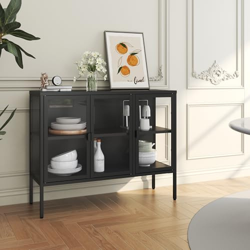 [en.casa] Armadietto con Vetrina Credenza in Acciaio Nero con 3 Ante in Vetro Temperato Mobile Espositivo Moderno per Soggiorno Ufficio 80 x 100 x 35 cm