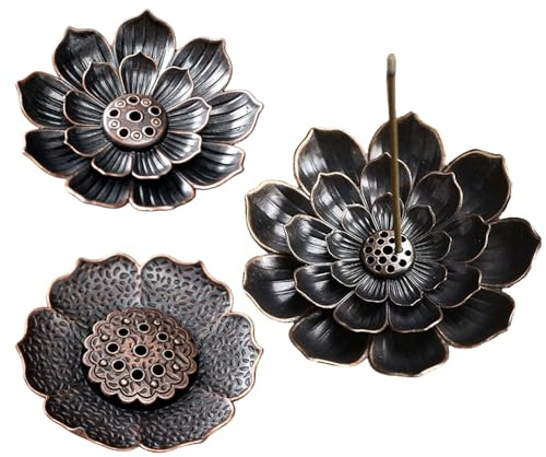 MINGBOLIN rökelsehållare lotus uppsättning av 3 koppar | Uppsättning av 3 lotus: 6 hål, 9-håls & 3-skiktsdesign, legering, kopparröd, 2-3 mm hål, för yoga, meditation och hem