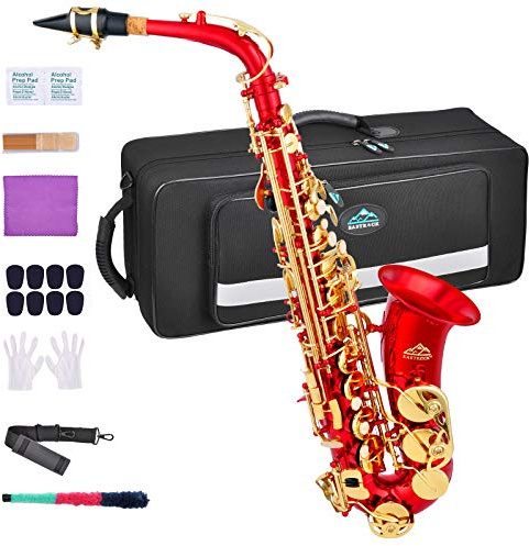 EASTROCK Alto Saxophone for Beginner, E Flat Red Lacquer Alto Saxophone, E Key Sax with Hard Case Mouthpiece Pads Neck Strap Reeds Cleaning Cloth Gloves (Red)