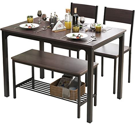 soges 4 Personen Esstisch-Set Essgruppen 110cm Küchentisch-Set für 4 Personen, 2 Stühle mit Rückenlehne, 2-Personen-Bank mit Aufbewahrungsregal, Nesting-Möbel-Set für Esszimmer, Eiche rustikal
