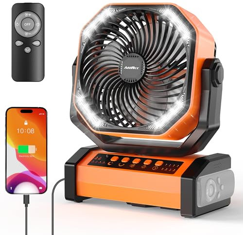 AddAcc 20000mAh Rechargeable Camping Fan - Battery Operated Fan with Light & Remote, Auto Oscillating, 4 Timer, 60 Hrs Work Cordless Tent Fan for Travel Outdoor RV Garage Power Outage Emergency