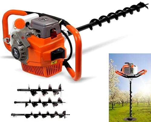 71 CC 2-Takt Erdbohrer Benzin, Erdlochbohrer Turboplanter, Erdbohrer Hand Erdlochausheber Gartengeräte Für Erdgraben, Zaungraben, Eisbohren, Eisfischen, Schlammmischung inkl. 3 Bohrer 100/150/200 mm