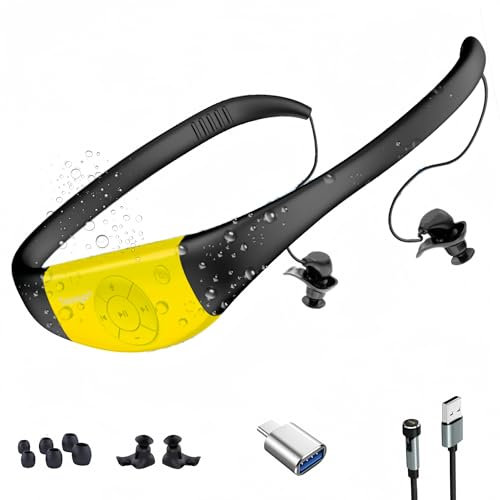 Tayogo Cuffie Subacquee MP3, Lettore MP3 Impermeabile IPX8, 8GB Memoria, 20 Ore di Durata della Batteria, Ricarica Magnetica, Modalità MP3/FM per Nuoto e Sport