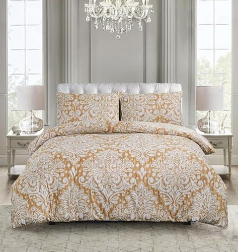PRIME LINENS Duvet Cover Set 4 Pcs Brushed Microfibre Quilt Cover Bedding Set With Pillow Cases and Extra Fitted Sheet Included (Royal Damask Gold, Super King)