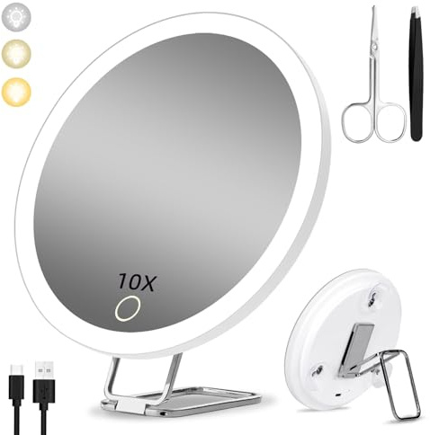 Lighted 10X Magnifying Mirror, 3 Color Modes Dimming Light, 6inch Large Rechargeable Magnified Mirror with 3 Suction Cups & 360° Stand, High Magnification Makeup Mirror with Tweezers & Scissors