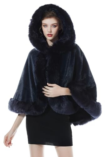 BEAUTELICATE Estola de Pelo para Bodas Cape con Capucha Poncho de Piel Sintética Chal Mujer Fiesta Boleros Novia Halloween Navidad Invierno (Azul Marino,Talla única)