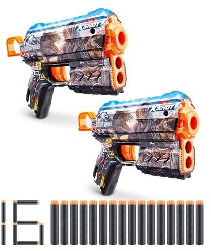 XSHOT Skins Jurassic World, Flux Jurassic (paquete de 2) 16 dardos incluidos, tecnología Air Pocket Dart, lanzador de espuma de juguete para niños, adolescentes y adultos, caja marrón, (Flux Jurassic)