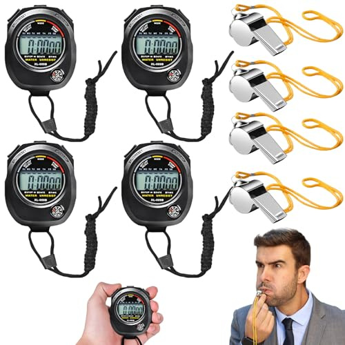 Vaileal Cronometro digitale sportivo, 4 pezzi, cronometro digitale con fischietto in acciaio inox, grande display, per allenatori, arbitri, nuoto