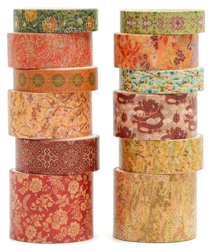 Songdao 12 rullar kinesisk stil Washi Tape Set dekorativa antika maskeringstejp färgglada för konst, gör-det-själv-hantverk, dagbok, planerare, scrapbook, förpackning (Moon over The Borderlands)