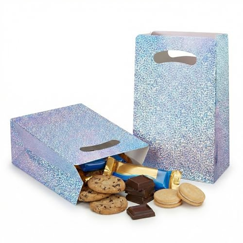 UnicoPak 16 Pack Iridescent Party Bags for Kids Party Paper Gift Bags, Holographic Small Gift Bags with Handles for Birthday Treats Sweets Cookies Favours, 15x7.5x23 cm