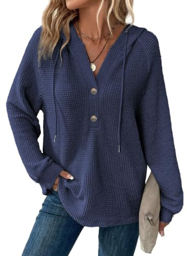 Dokotoo Womens Hoodies Waffle Knit Tops V Neck Pullover Hooded Sweatshirts | Long Sleeve Tops for Women,Oversized Hoodie,Women's Sweatshirt,Ladies Sweaters,Loose Fit Top,Button Down,Drawstring Sweater