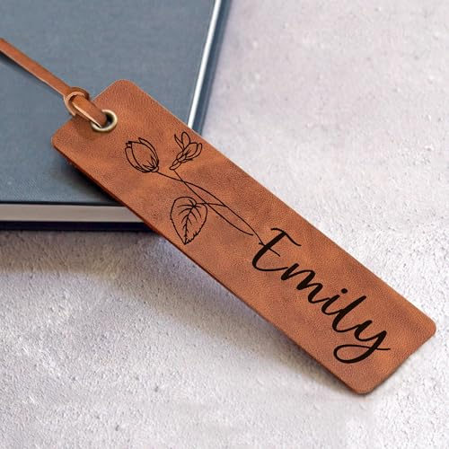 Personalised Bookmark Engraved Leather Book Mark Gifts with Birth Month Flower for Women Men Teacher Custom Bookmark Book Marks Bookmarks Gifts for Graduation Birthday Christmas (Brown)