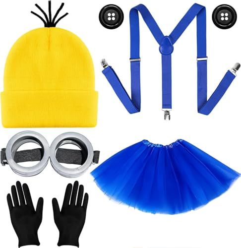 Minion Costume Lunettes Kits Cosplay Carnaval Halloween Accessoires pour Deguisement Jaune Gants Noirs Femme Homme Enfants