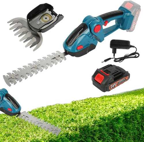 Cortasetos Electrico 2 en 1, Tijeras Cortacésped y Arreglasetos, Cortasetos bateria 24V 2000mAhy Cargador, Herramientas de Jardín, Tijeras de Poda, Tijeras de Césped (Azul, 1-batería)