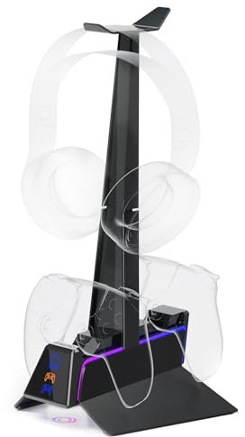 Oniverse - Cargador de Mando PS5 (estación de Carga rápida 2H, Soporte para Mando y Accesorio PS5, Doble Cargador Compatible con DualSense, Soporte extraíble de Carga para Auriculares Incluido