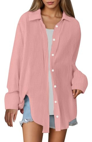 Generisch Top de manga larga oversized sólido camisa transpirable ligera blusa holgado ajuste top camisa mujer verano, Rosa., M