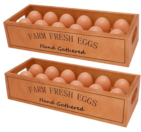 2 Pcs Wood Egg Holder Stackable Fresh Egg Holders with Handle Holds 24 Eggs Holder Storage for Kitchen Counter Food Shop Supermarkets