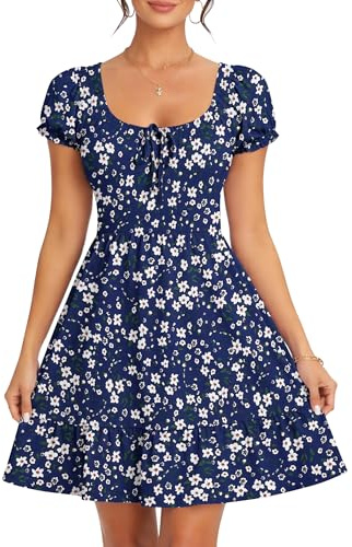 AUSELILY Robe ete Femme Manches Courtes col en U Robe de Plage | Imprimée Manches bouffantes Robe Taille Empire Décontractée avec Poches