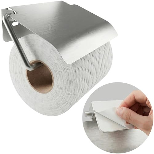 Minismus portarrollos Papel higienico con Cubierta Que Mantiene el Rollo seco y Limpio, Soporte Papel higienico de Acero Inoxidable con Montaje Mediante Adhesivo Fuerte o Tornillos de Pared (Plata)