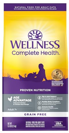 Wellness Complete Health Senior Dry Cat Food, Natural, Grain Free Kibble, Chicken Recipe, 5.5 lb Bag