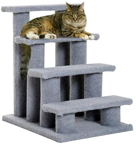 PawHut Katzentreppe 4 Stufen Tiertreppe Treppe für Katze Haustiertreppe Hundetreppe aus Plüsch 61 x 41 x 60 cm Grau