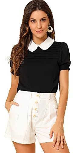 Allegra K Women's Vintage Peter Pan Collar Contrast Puff Short Sleeve Blouse Top X-Large Black