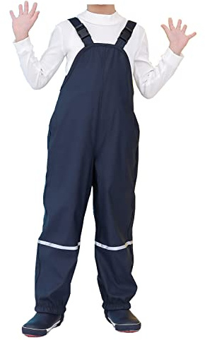 DAWILS Kids Fleece Lined Rain Trousers Unisex Boys Bib Pants Girls Waterproof Fleece-Lined Rain Snow Pants Children's PU Mud Pants Rain Dungarees Baby Overall Trousers Navy Blue 3 Years