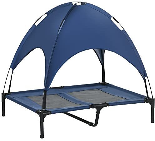 PawHut 92cm Elevated Dog Bed Cooling Raised Pet Cot UV Protection Canopy Blue