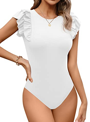 Missufe Body élégant pour femme, col rond, volants, manches courtes