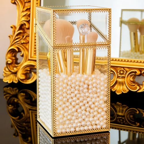 Pumtus Vintage Makeup Brush Holder with Lid, Dustproof Glass Cosmetic Brushes Container with Pearls, Clear Makeup Tool Storage Cup, Gold Vanity Decor for Countertop Desktop