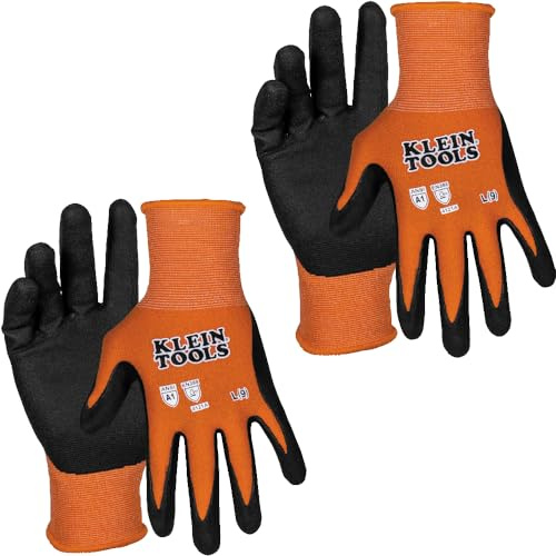 Klein Tools 60581 Work Gloves, Knit Dipped Cut Resistant ANSI A1 Nitrile Coated Gloves, Nylon-Spandex, Touchscreen Capable, Large, 2-Pair