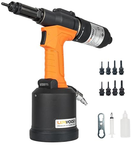 UPWOOD Hochleistungs-Lufthydraulik-Nietmutternwerkzeug mit Wendeknopf, HPS6312F pneumatischer Nieter, automatisches Nietmuttern-Setzgerät mit 7 metrischen Nasenstücken