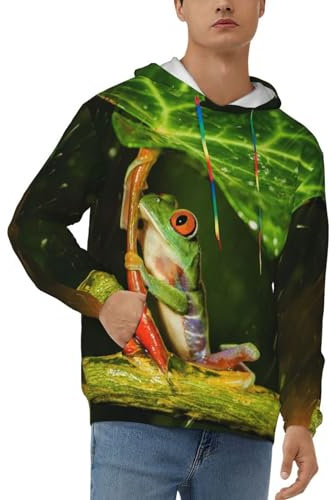 ZORIN Hoodies für Herren Frosch Blatt Regenschirm 3D Pullover Kapuzen-Sweatshirts mit Tasche, Schwarz , XXL