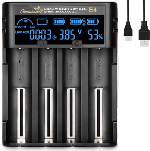 18650 Battery Charger, 4 Bay Rechargeable Battery Charger with LCD Display for Lithium 3.7v Rechargeable Batteries 18650 26650 21700 18500 10400 Ni-MH Ni-Cd AA AAA